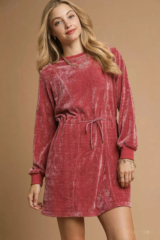 Umgee Velour Drawstring Mini Dress with Long Sleeves by Umgee