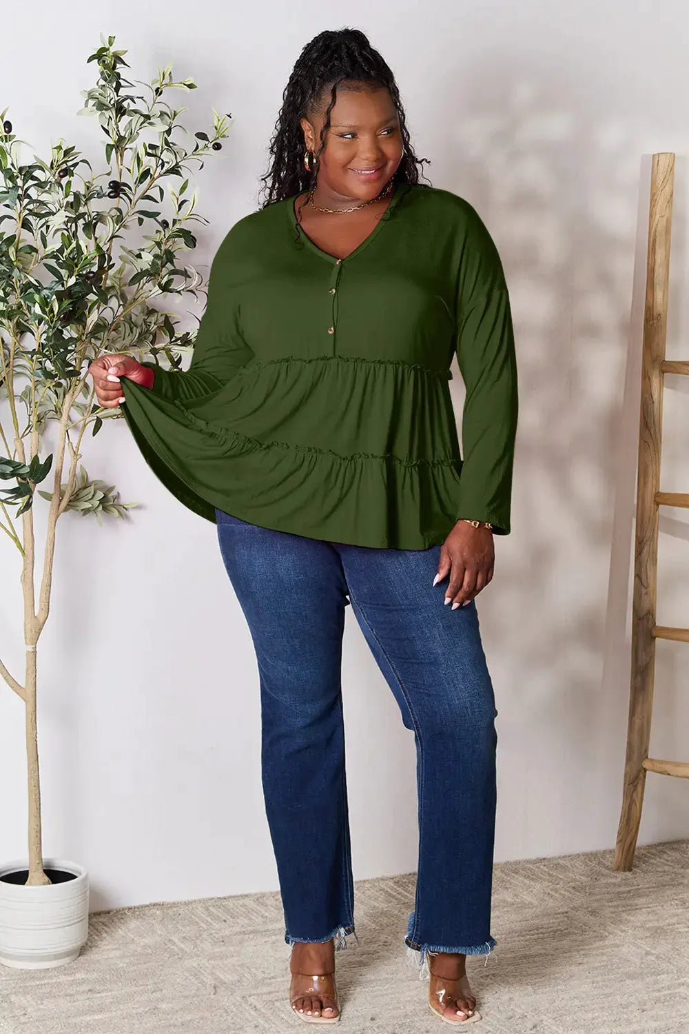 Double Take Half Button Long Sleeve Ruffle Hem Blouse by Double Take