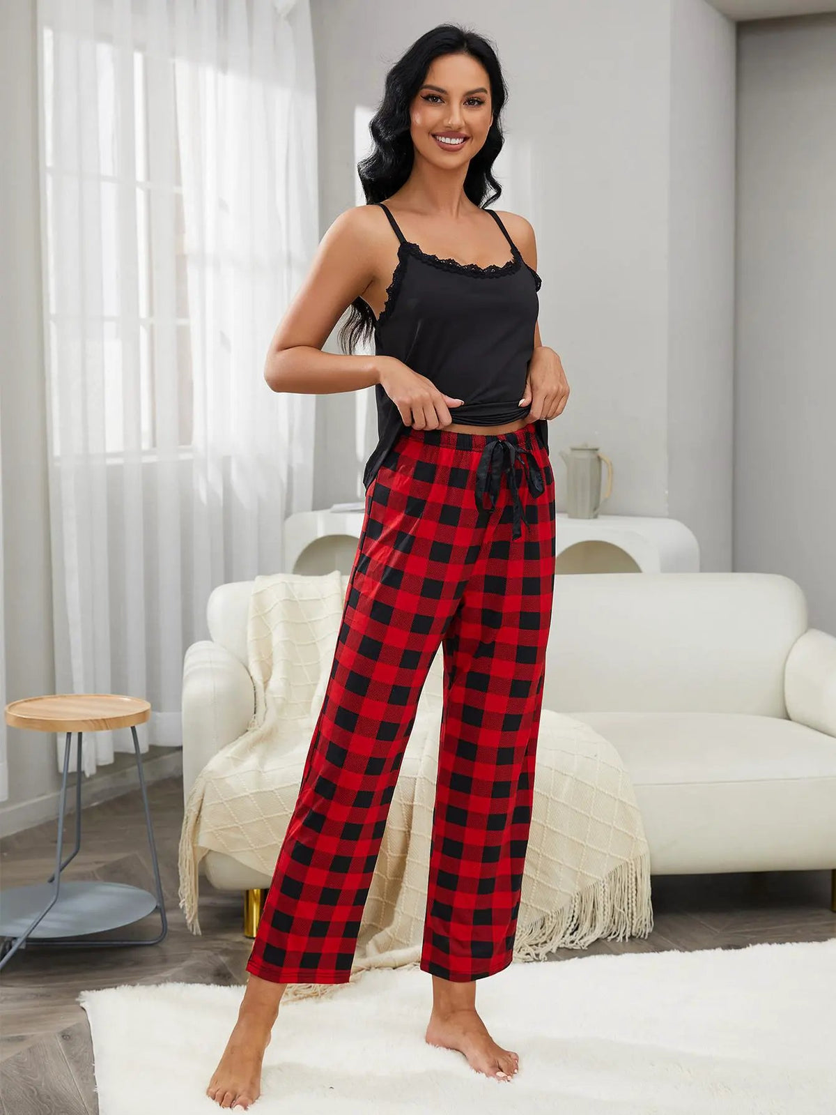 Lace Trim Cami and Plaid Pants Lounge Set by Partner Label