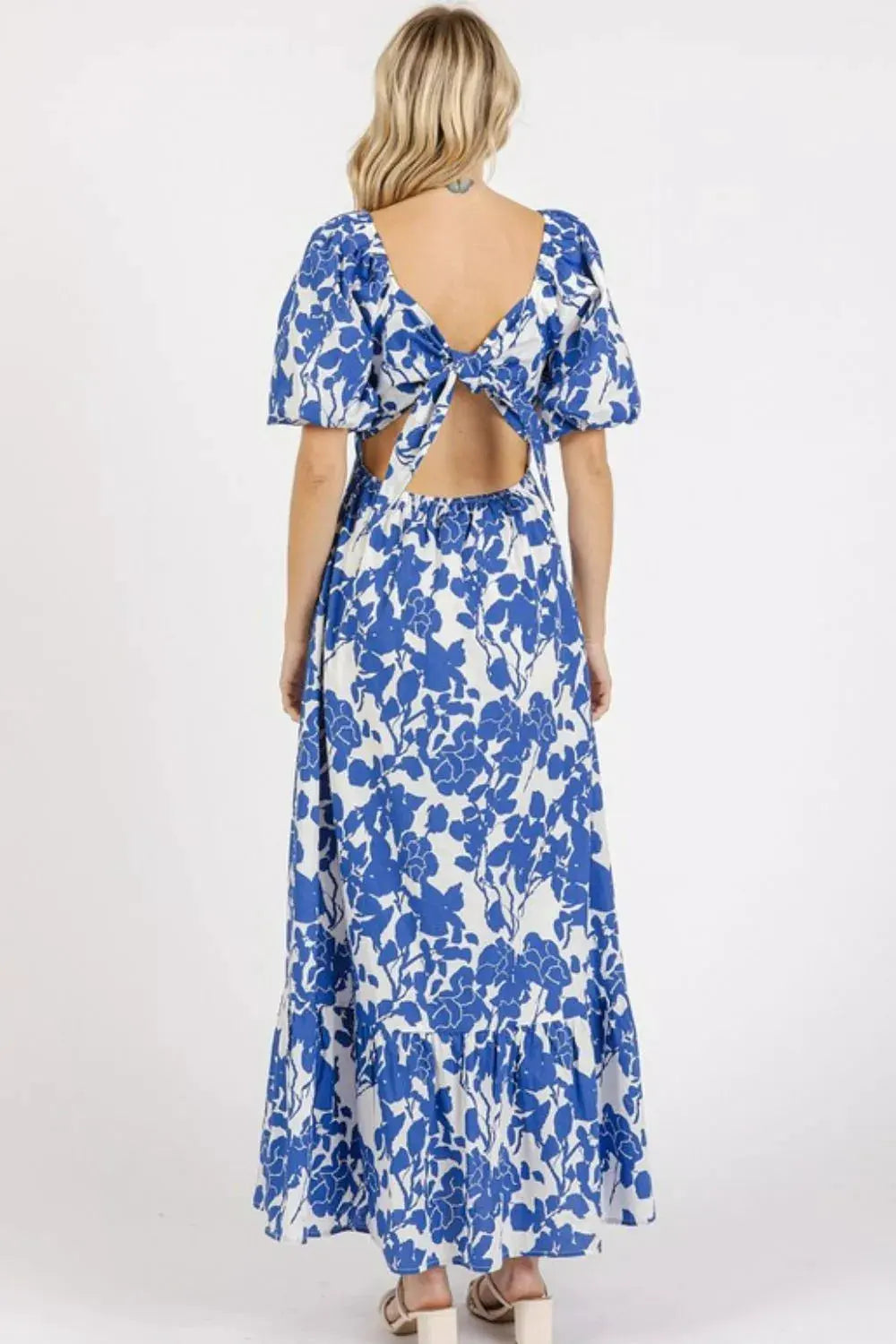 Mittoshop Cutout Back Floral Sweetheart Neck Puff Sleeve Dress by Mittoshop