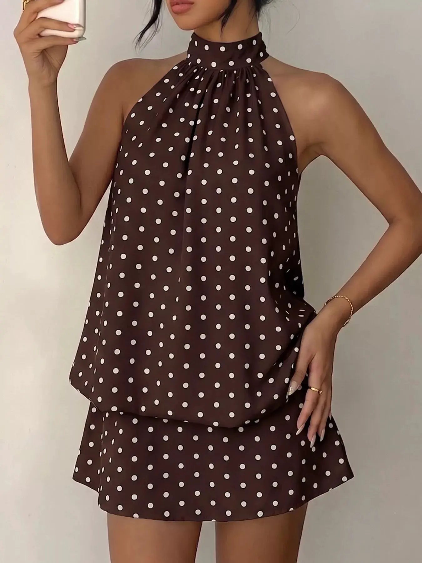 Polka Dot Halter Neck Mini Dress by Trendsi