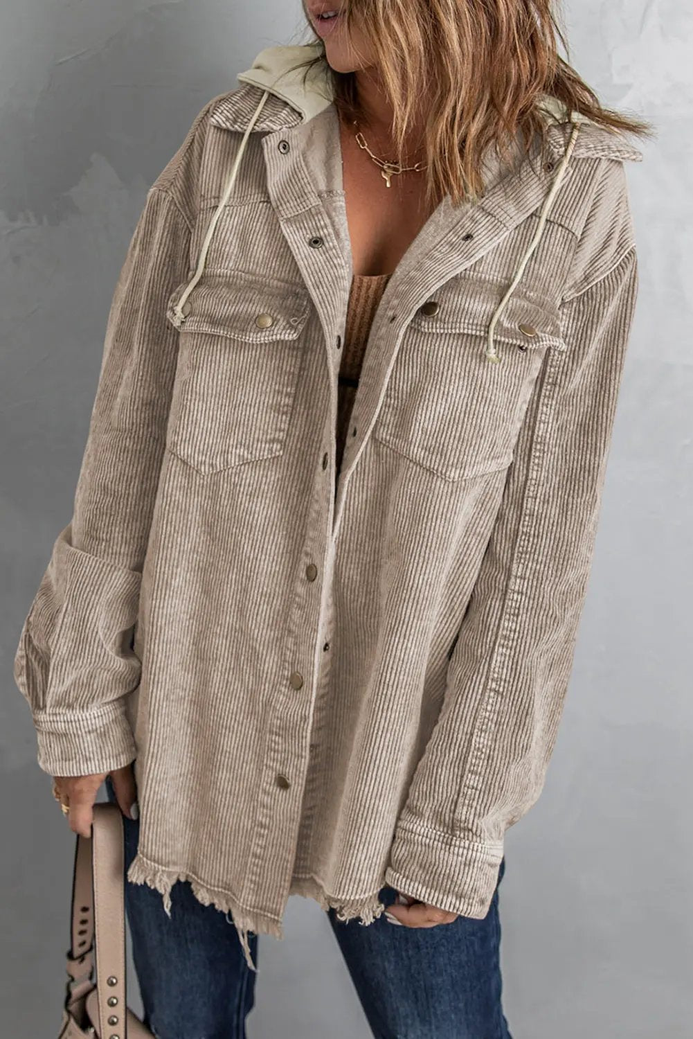 Snap Front Hooded Corduroy Shacket by Partner Label