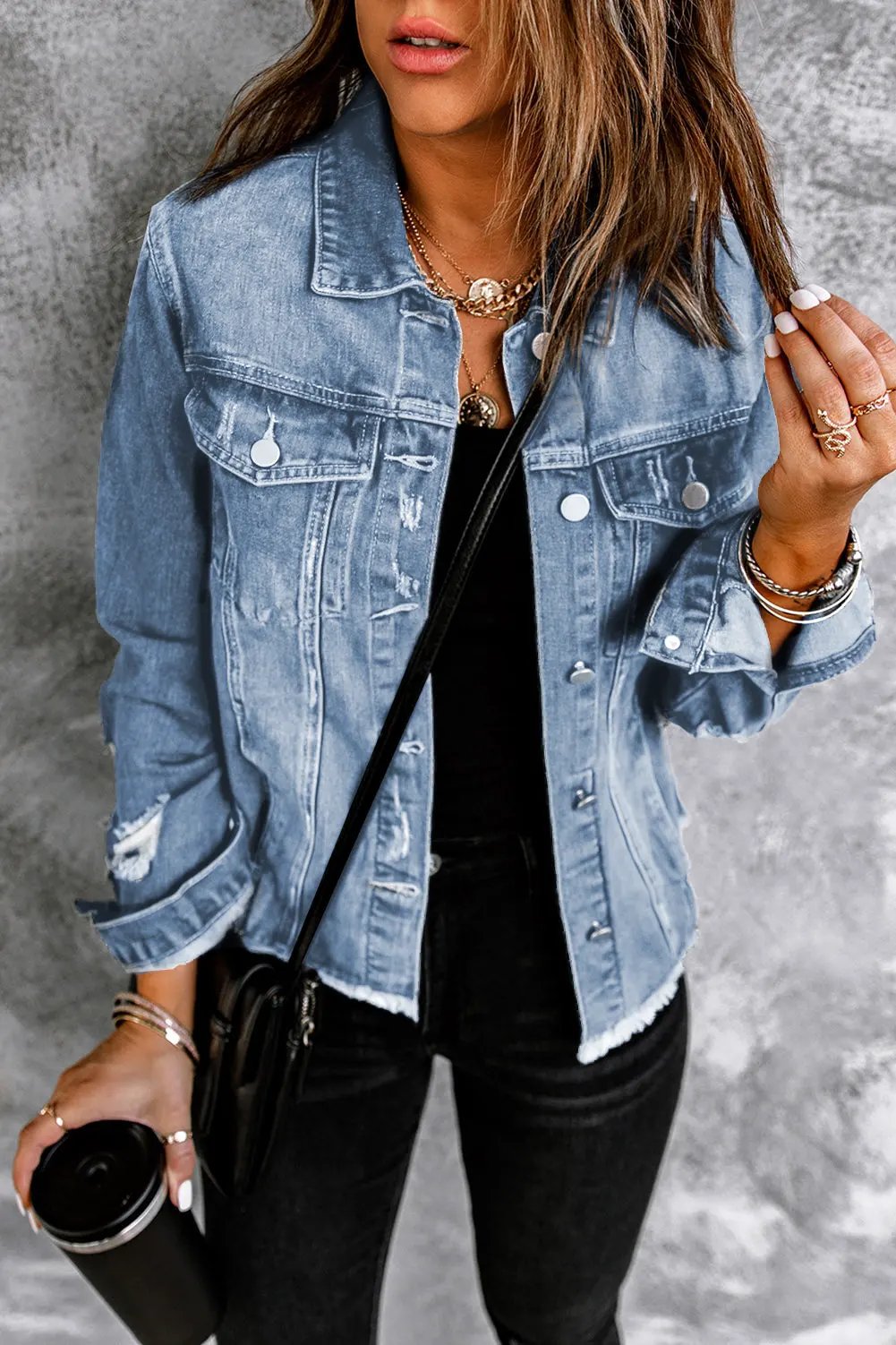 Distressed Raw Hem Buttons Denim Jacket by Partner Label