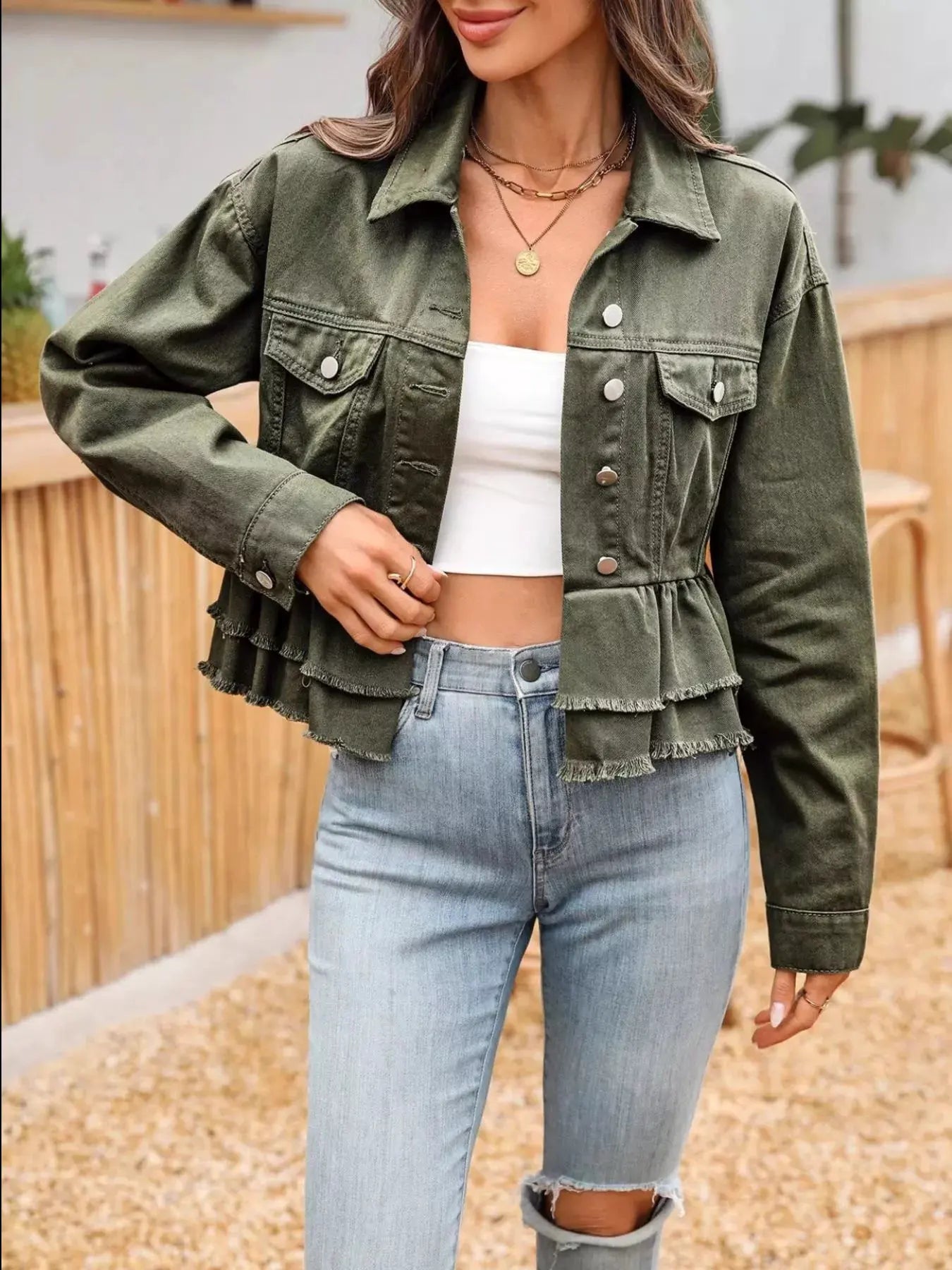 Ruffle Raw Hem Denim Jacket by Partner Label