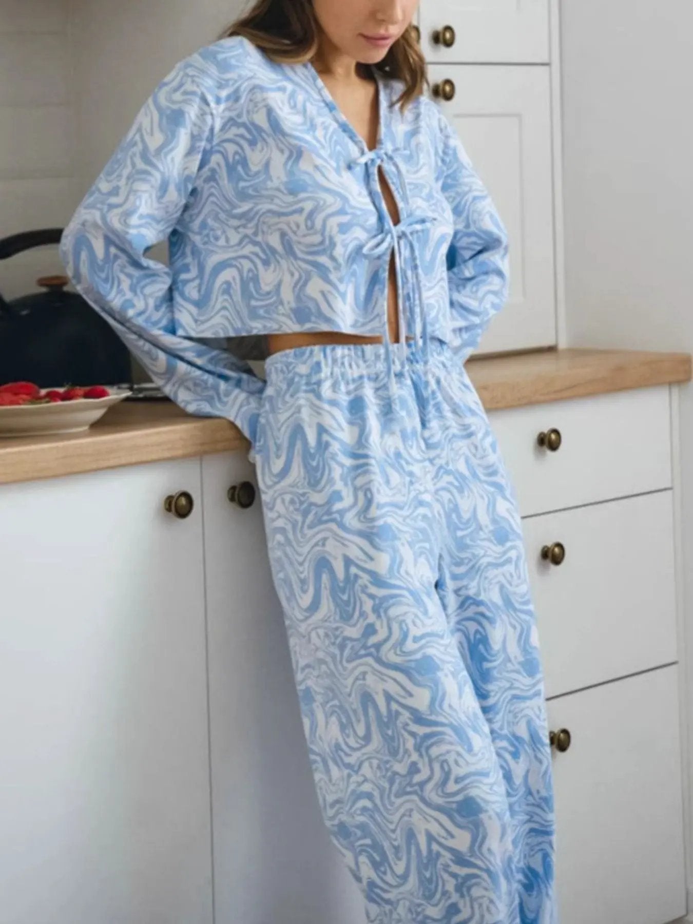 Tie Front Long Sleeve Top and Pants Lounge Set by Partner Label