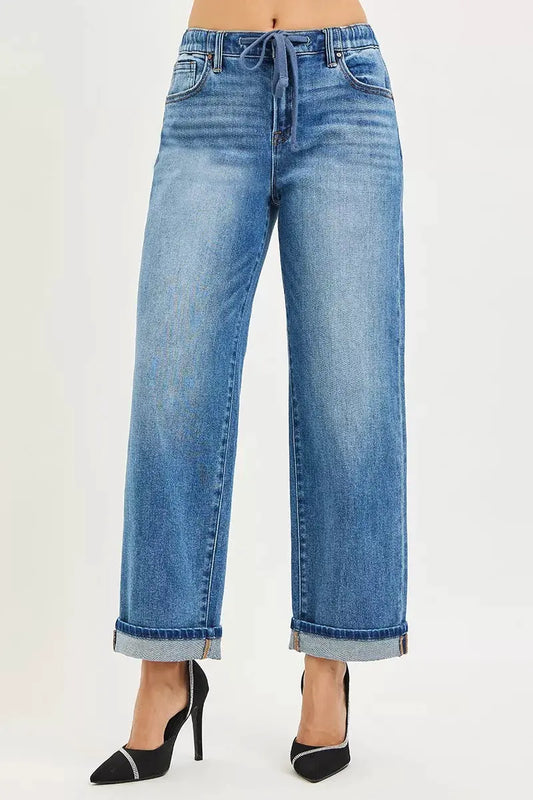 RISEN Elastic Band Slouch Ankle Boyfriend Cuffed Hem Jeans by RISEN
