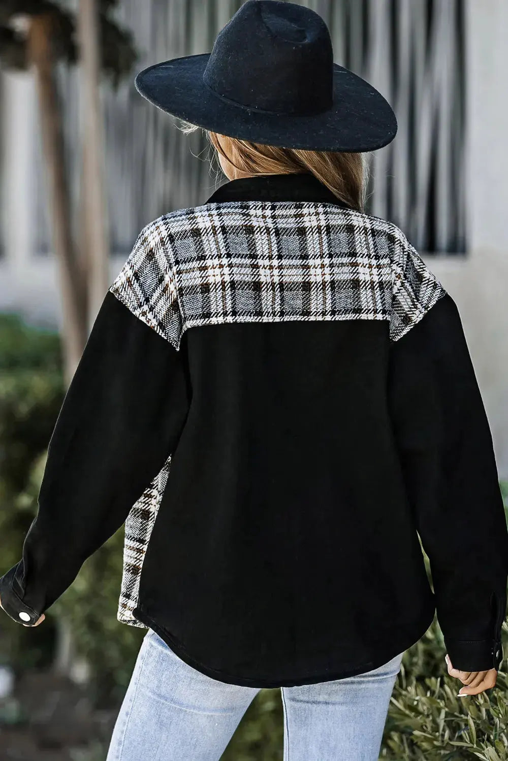 Plaid Pocketed Button Up Denim Jacket by Partner Label