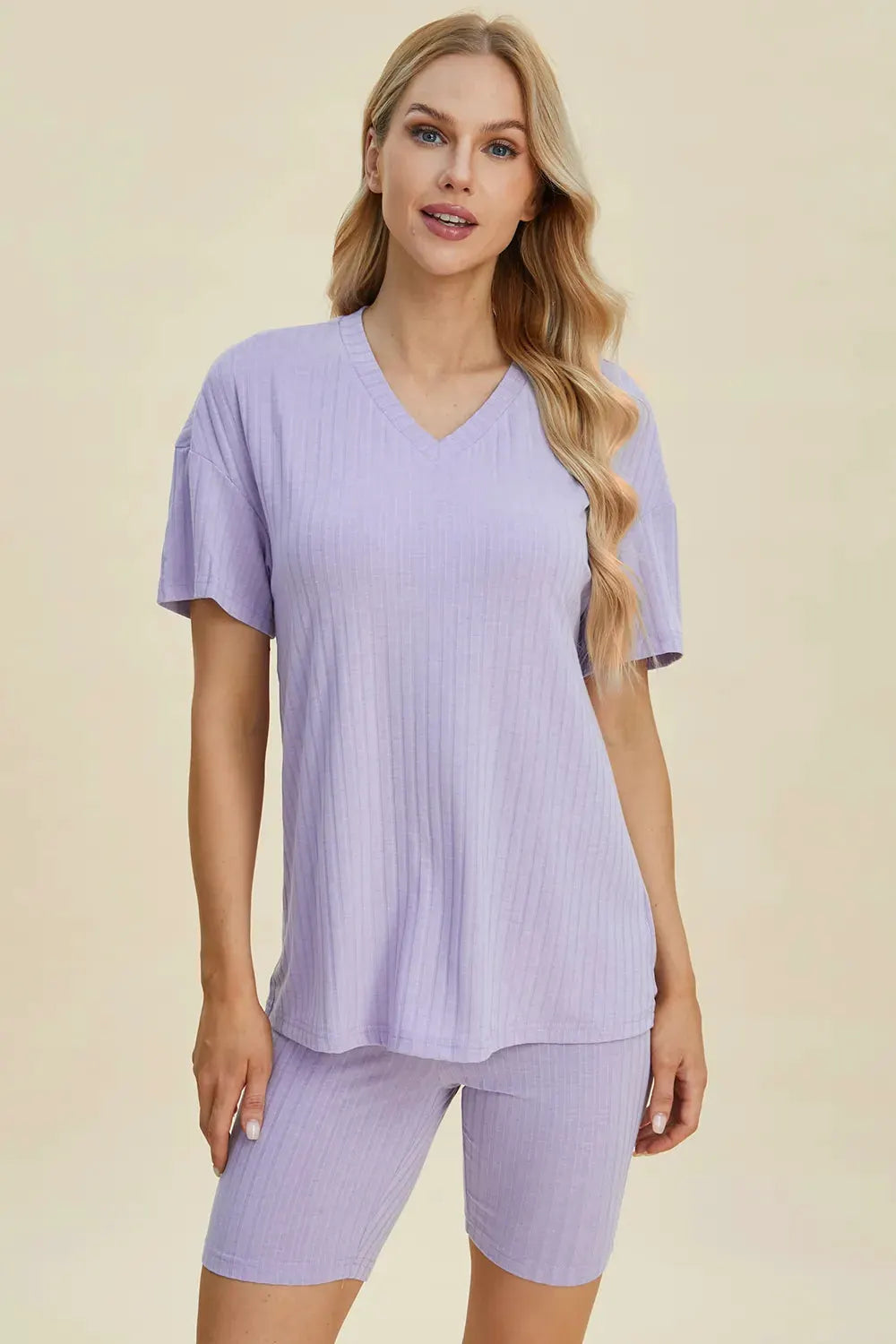 Basic Bae Full Size Ribbed V-Neck Short Sleeve Top and Shorts Set by Basic Bae