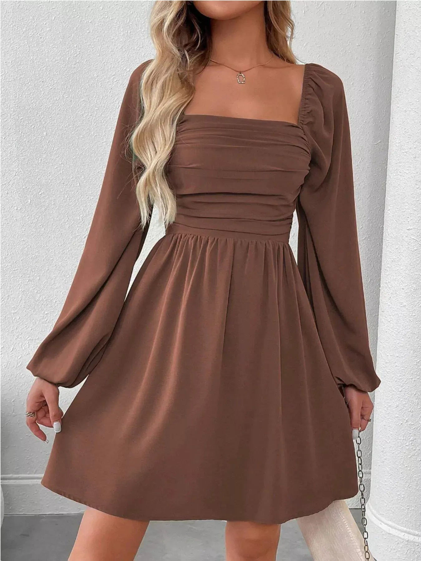 Ruched Square Neck Long Sleeve A-Line Dress by Partner Label