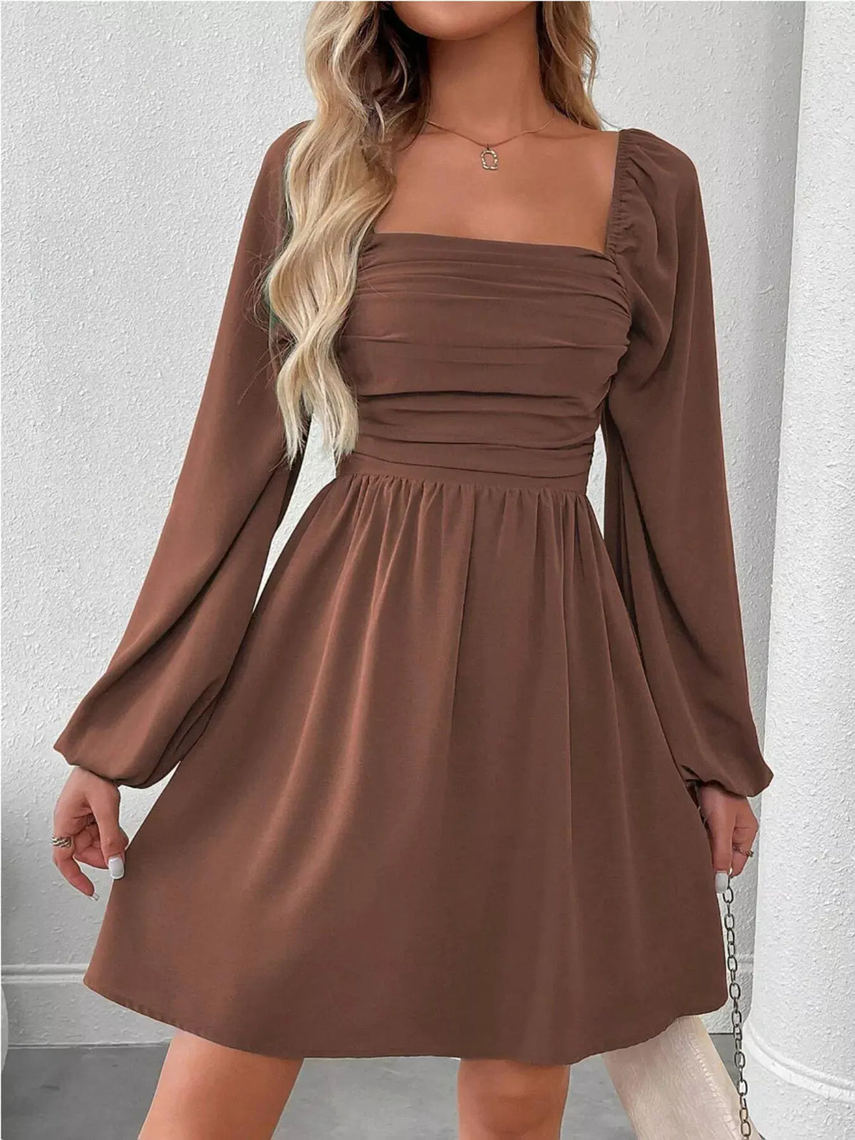 Ruched Square Neck Long Sleeve A-Line Dress by Partner Label
