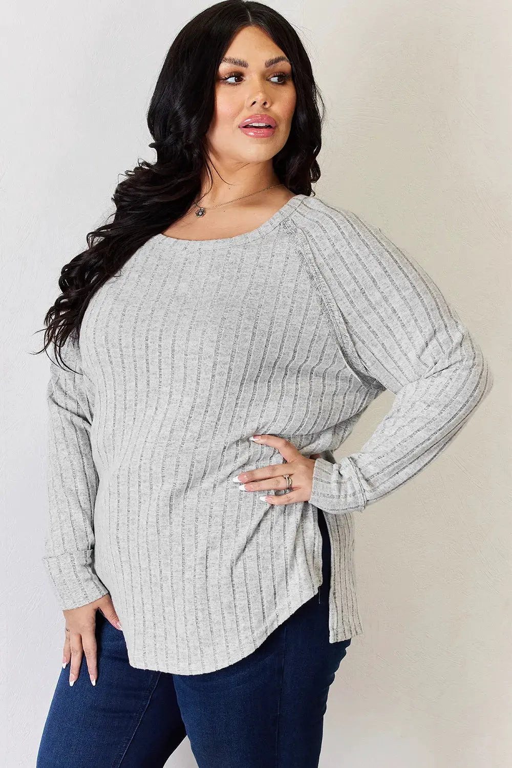 Basic Bae Full Size Ribbed Round Neck Slit T‑Shirt | Partner Labels Selection by Partner Label