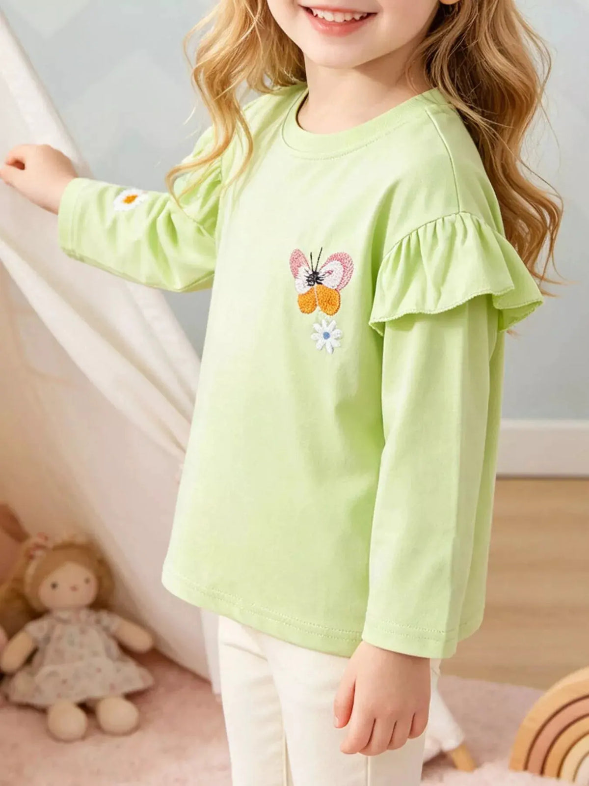 Children's Butterfly Embroidered Ruffled Long Sleeve T-Shirt by Trendsi
