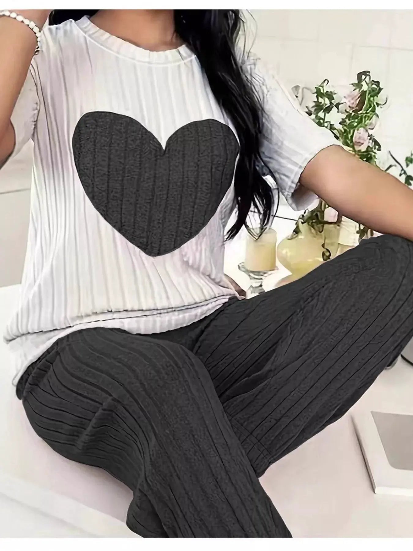 Heart Ribbed Knit Top and Pants Lounge Set by Partner Label