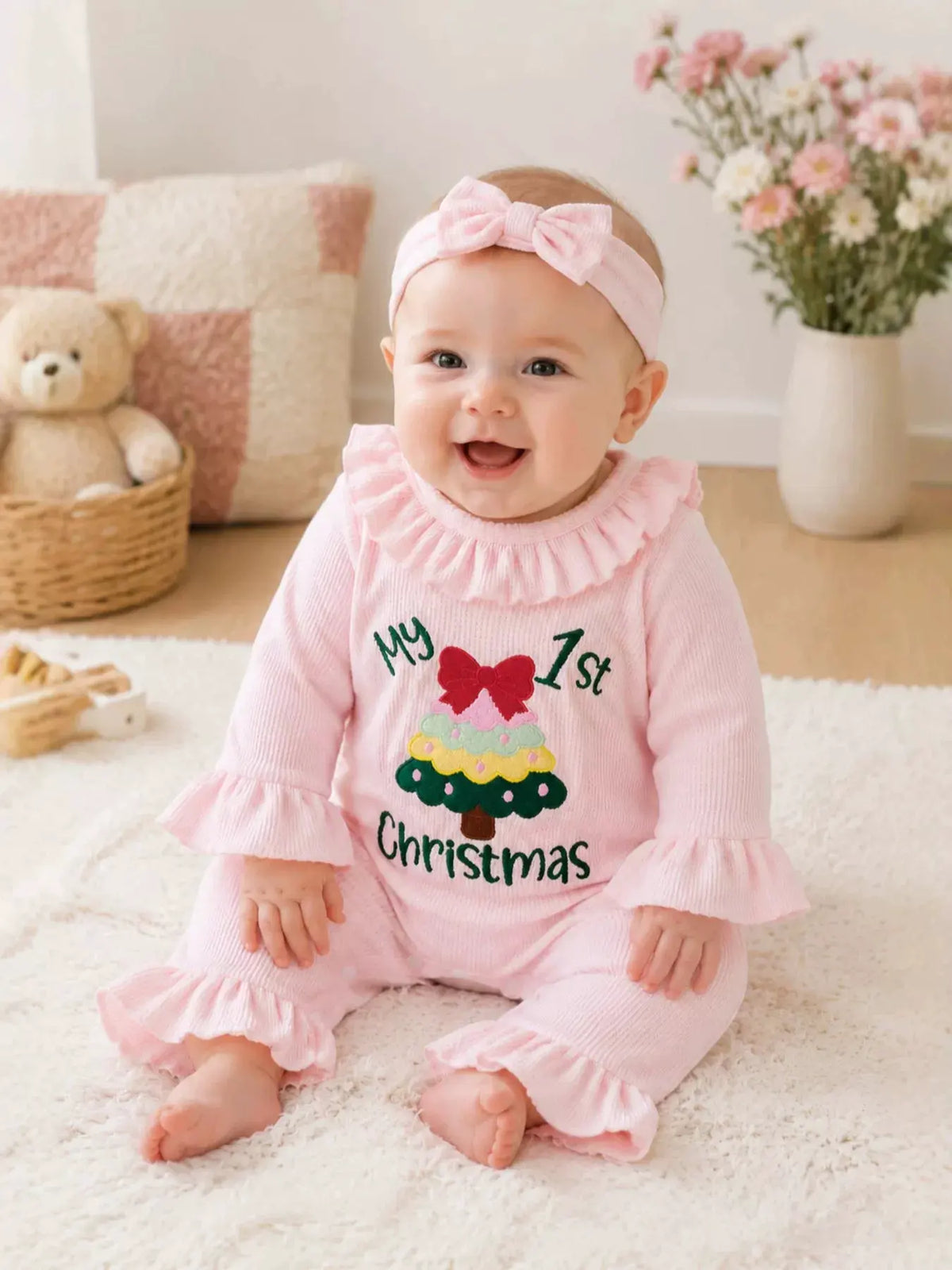 Children's 'My 1st Christmas' Ribbed Ruffle Jumpsuit and Headband Set by Trendsi