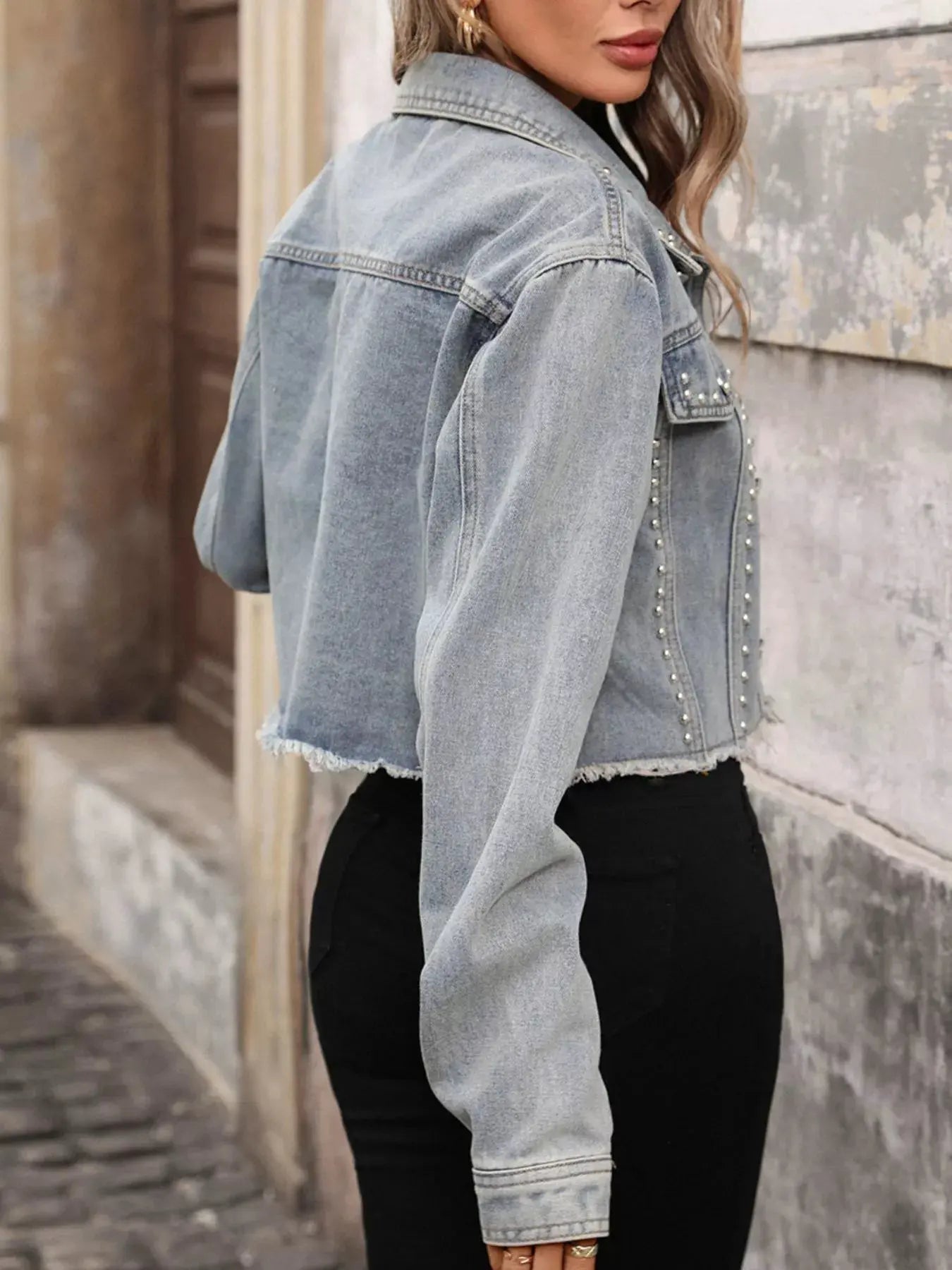 Studded Raw Hem Denim Jacket by Partner Label