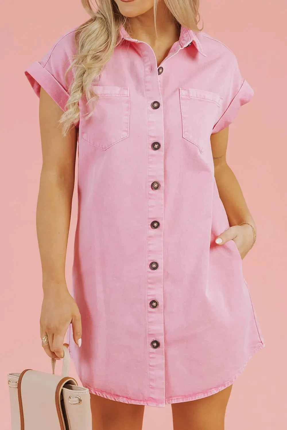 Button Down Short Sleeve Denim Dress by Partner Label