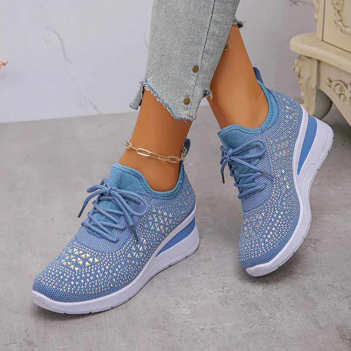 Breathable Mesh Rhinestone Wedge Athletic Sneakers by Partner Label