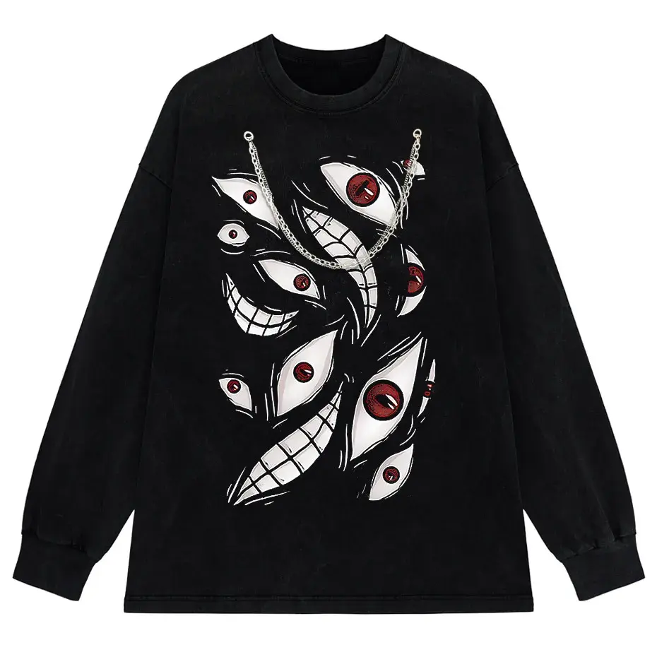 Harajuku Anime Eyes Graphic Washed T-Shirt Men Streetwear Cotton Tee by Vimost Shop