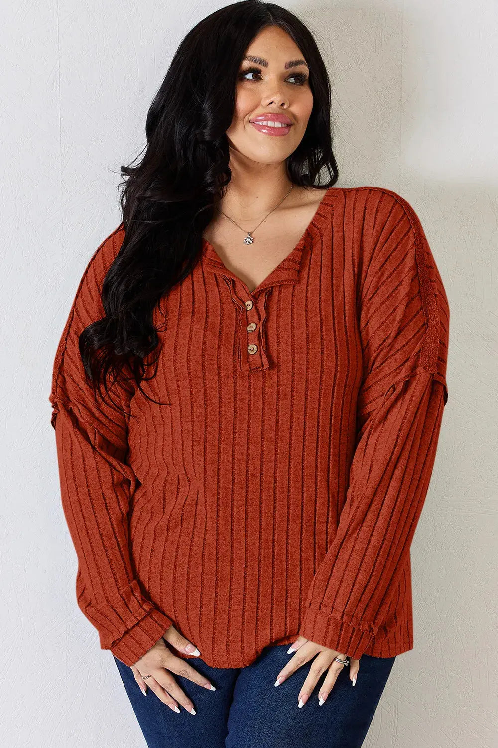 Basic Bae Full Size Ribbed Half Button Long Sleeve T‑Shirt | Partner Labels Selection by Partner Label