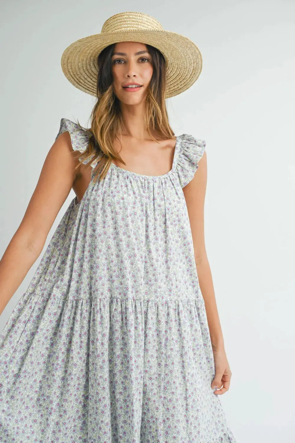 MABLE Floral Ruffle Shoulder Tiered Midi Dress by MABLE