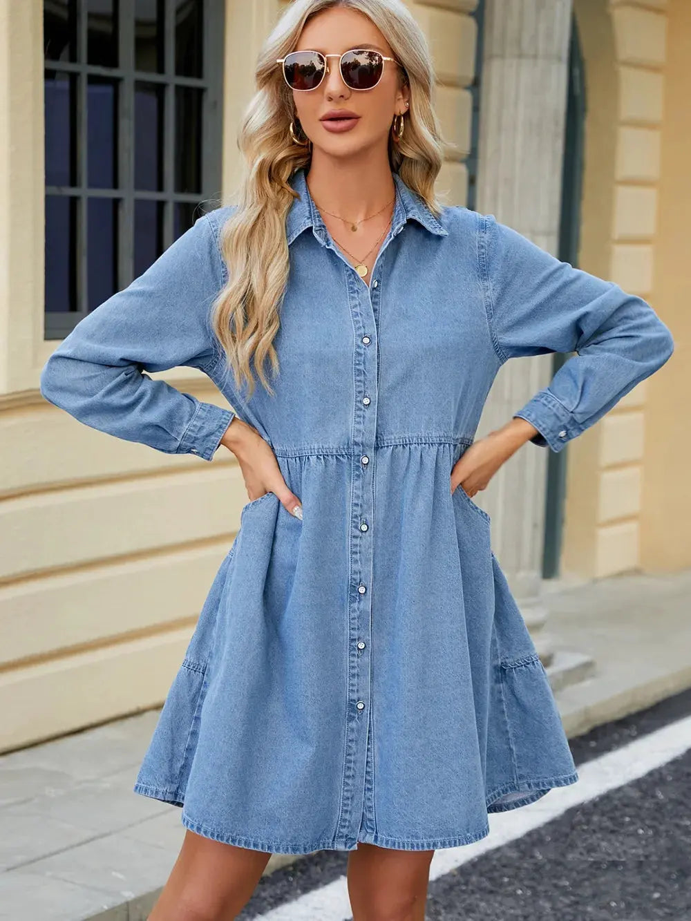 Tiered Button Up Long Sleeve Denim Dress by Partner Label