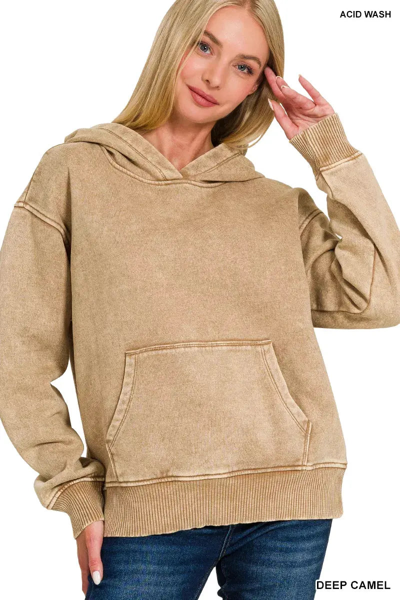 Zenana Fleece Acid Wash Kangaroo Pocket Hoodie by Zenana