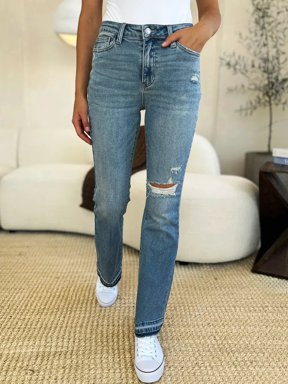 Judy Blue Full Size Mid Rise Destroyed Hem Distressed Jeans by Judy Blue