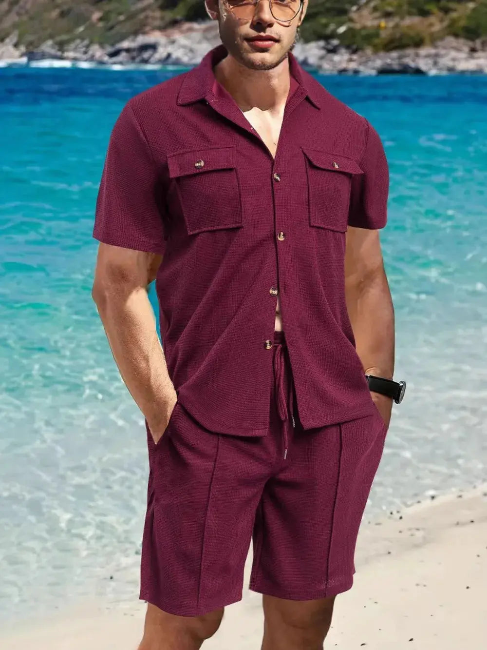 Men's Full Size Button Down Short Sleeve Top and Shorts Set Plus Size by Trendsi