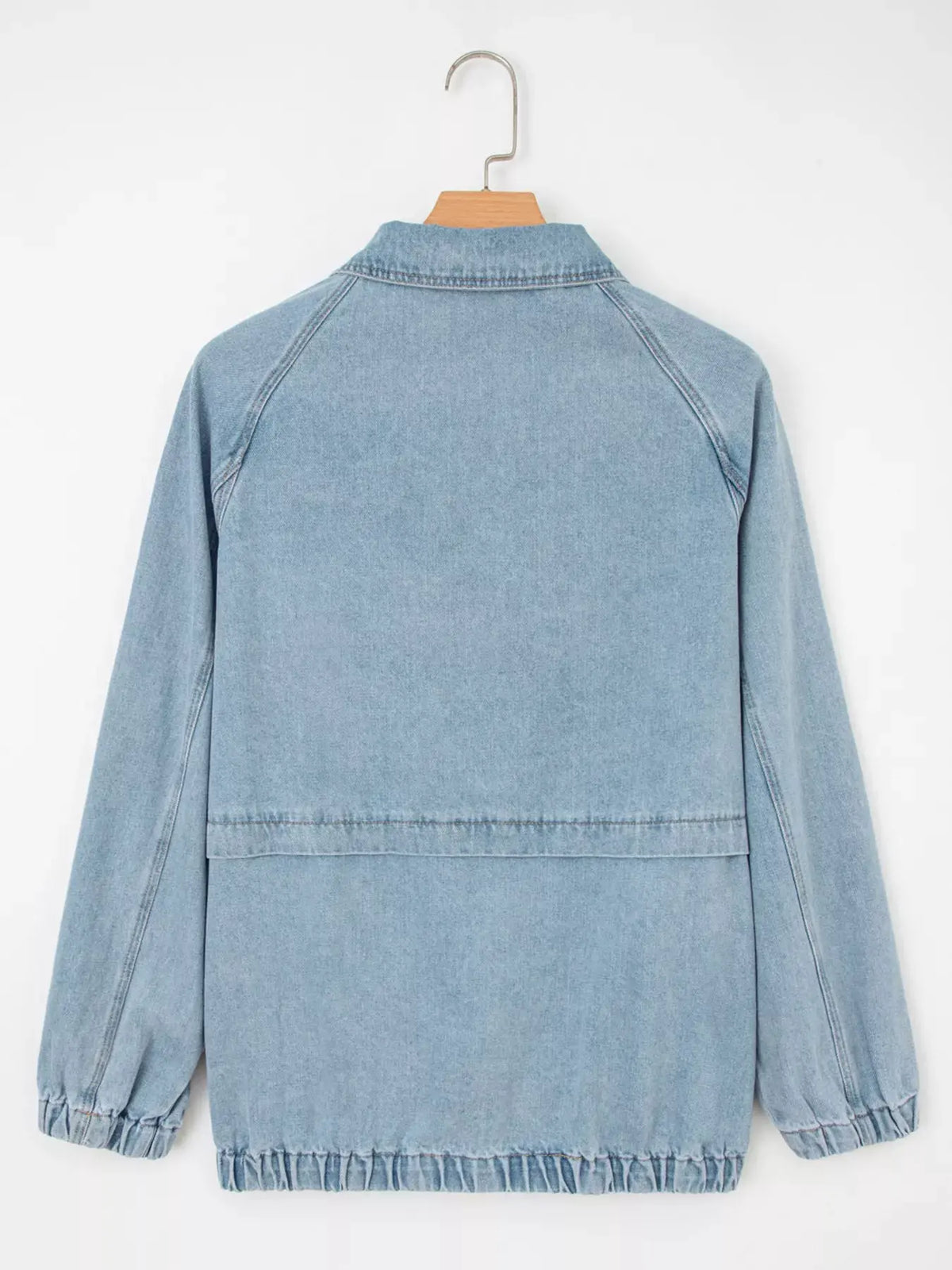 Elastic Edge Collared Zip Up Denim Jacket With Pocket by Partner Label