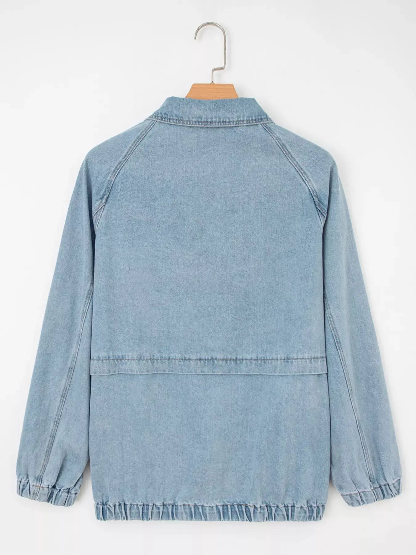Elastic Edge Collared Zip Up Denim Jacket With Pocket by Partner Label