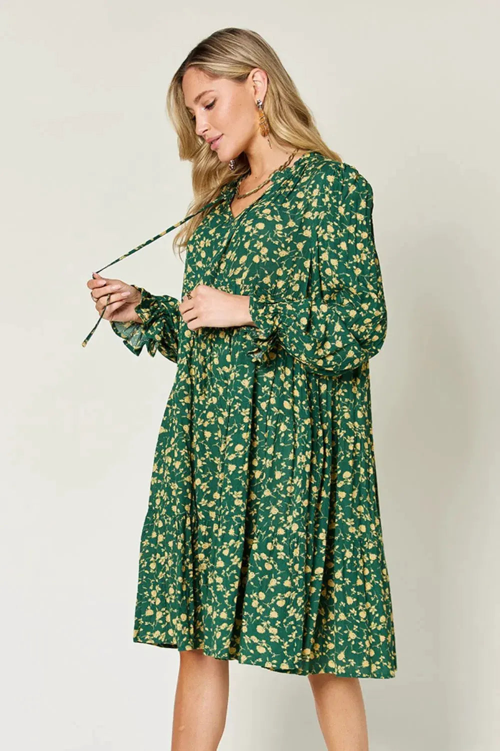Double Take Full Size Printed Ruffle Hem Long Sleeve Tiered Dress by Double Take