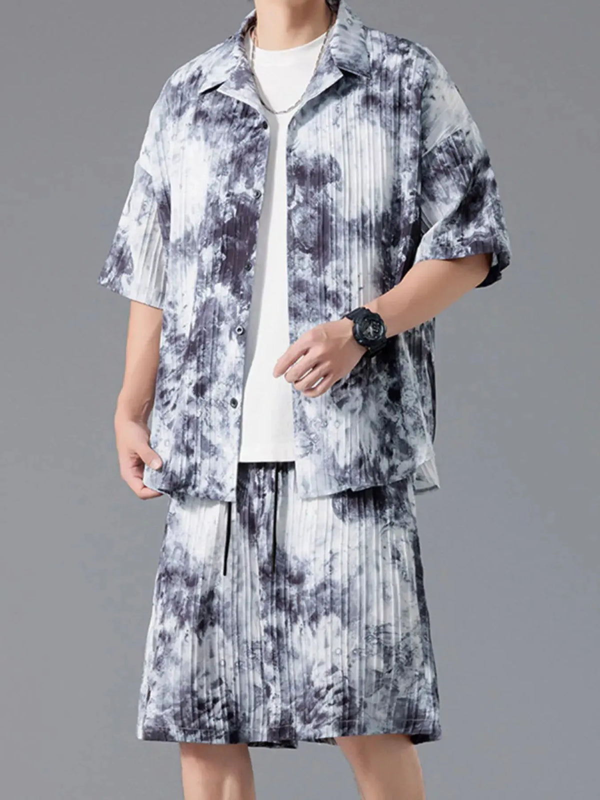 Men's Full Size Tie-Dye Casual Shirt and Shorts Set Plus Size by Trendsi