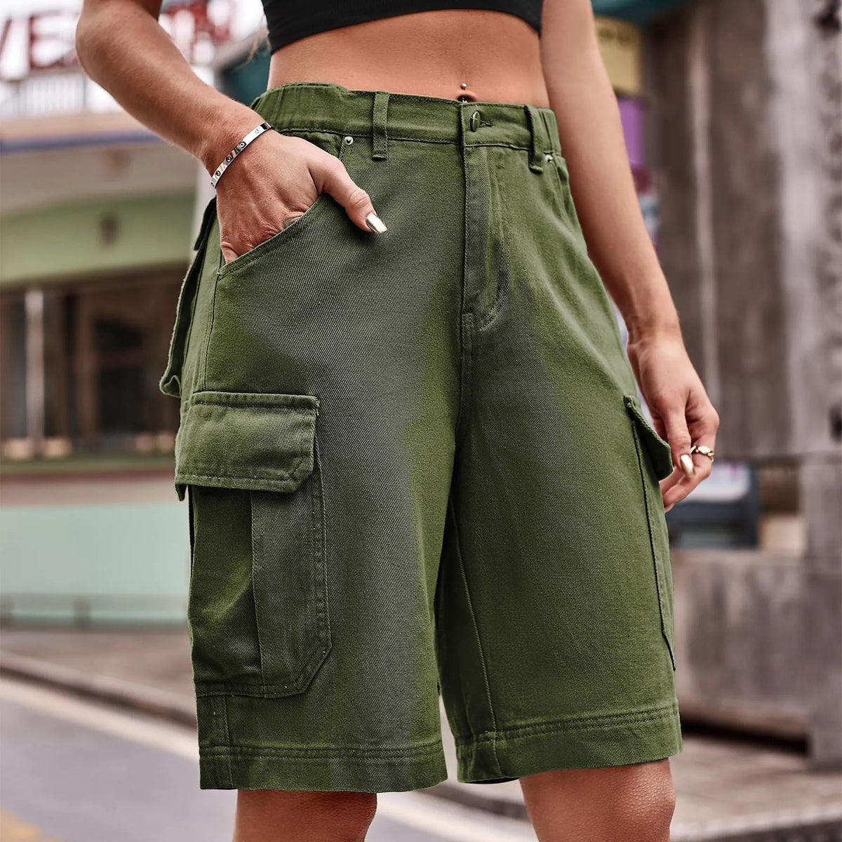 Denim Cargo Shorts with Pockets by Partner Label
