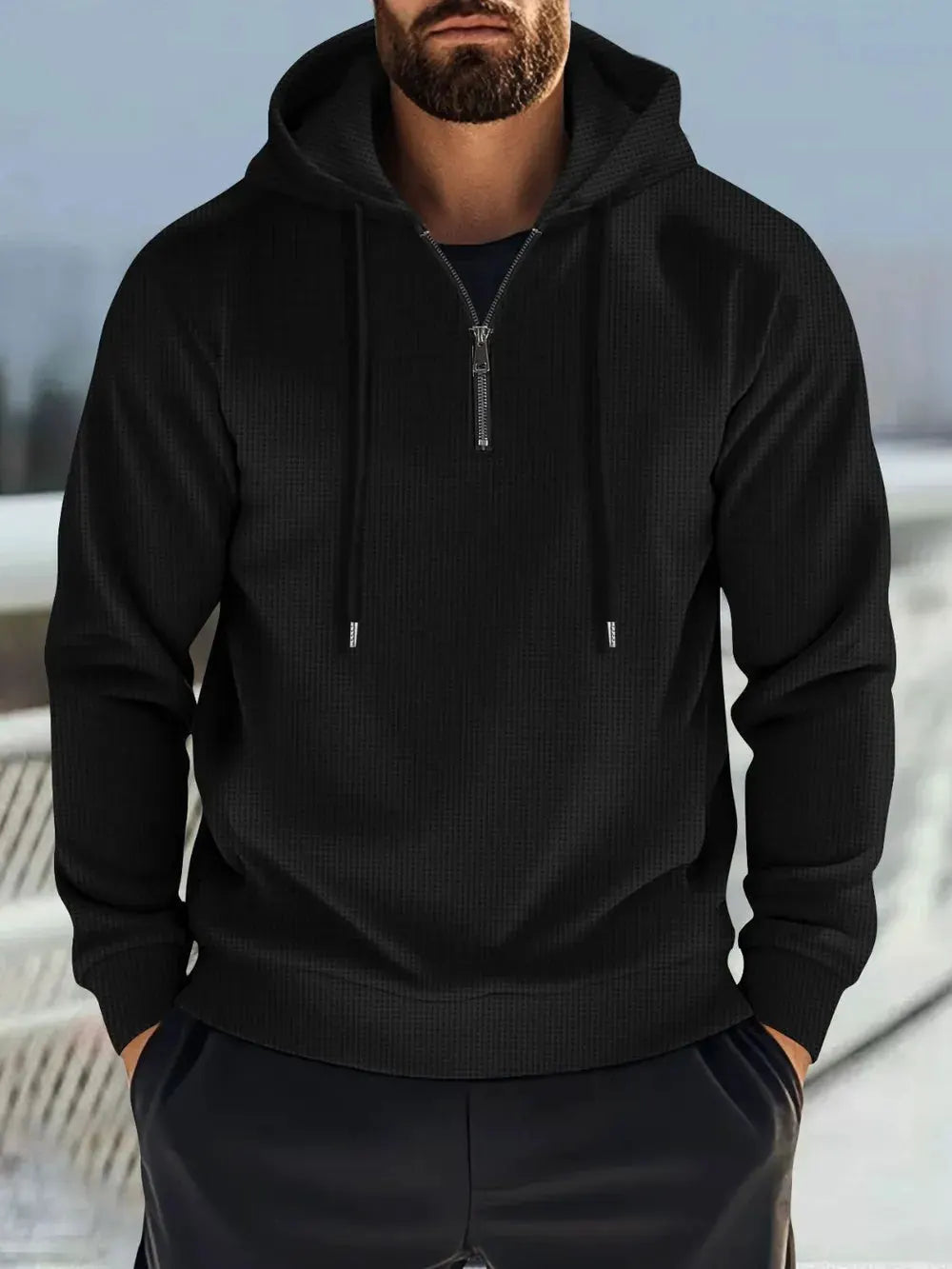 Men's Full Size Quarter Zip Long Sleeve Drawstring Hoodie Plus Size by Partner Label