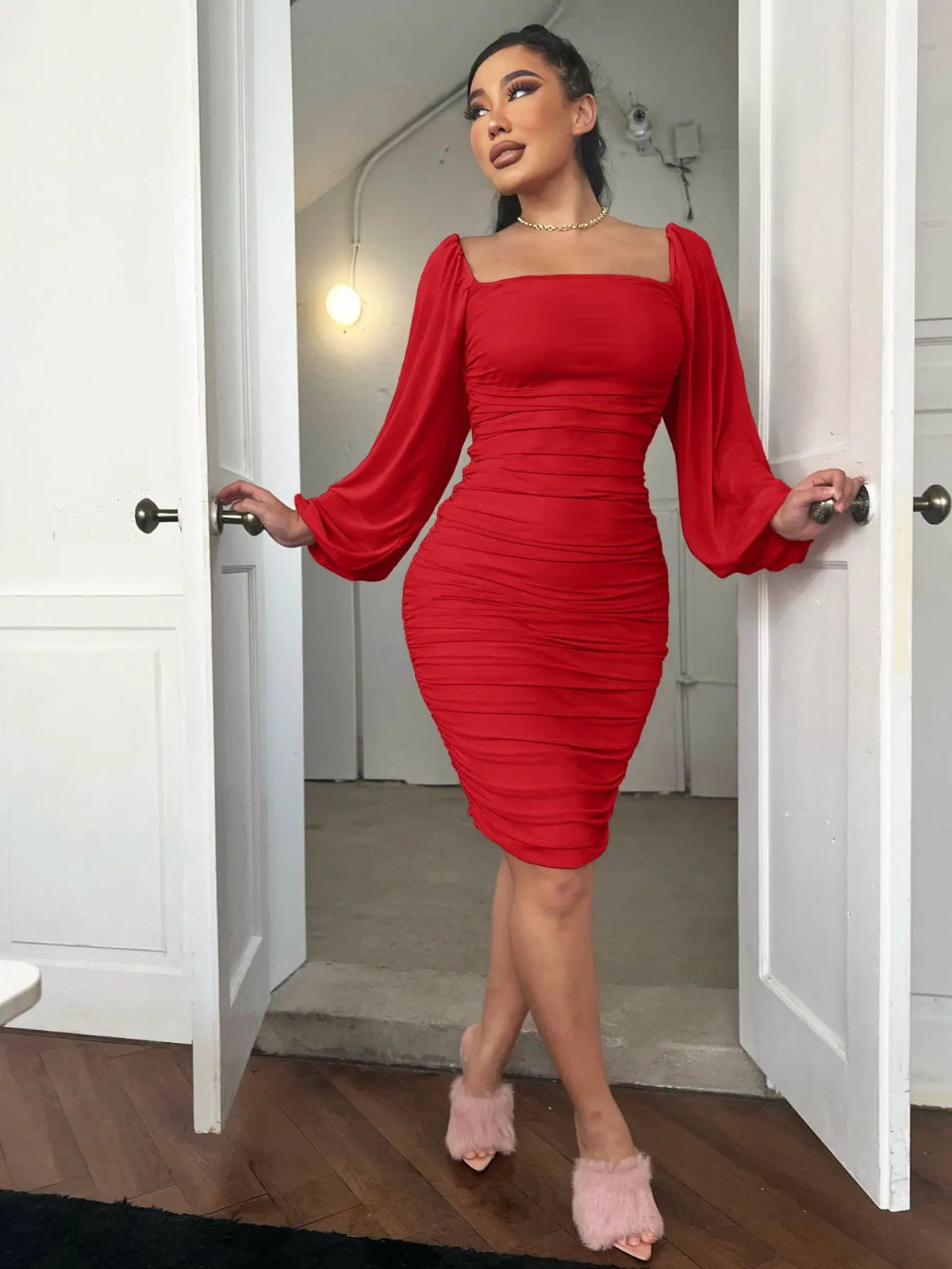 Zip-Back Ruched Bodycon Dress by Partner Label