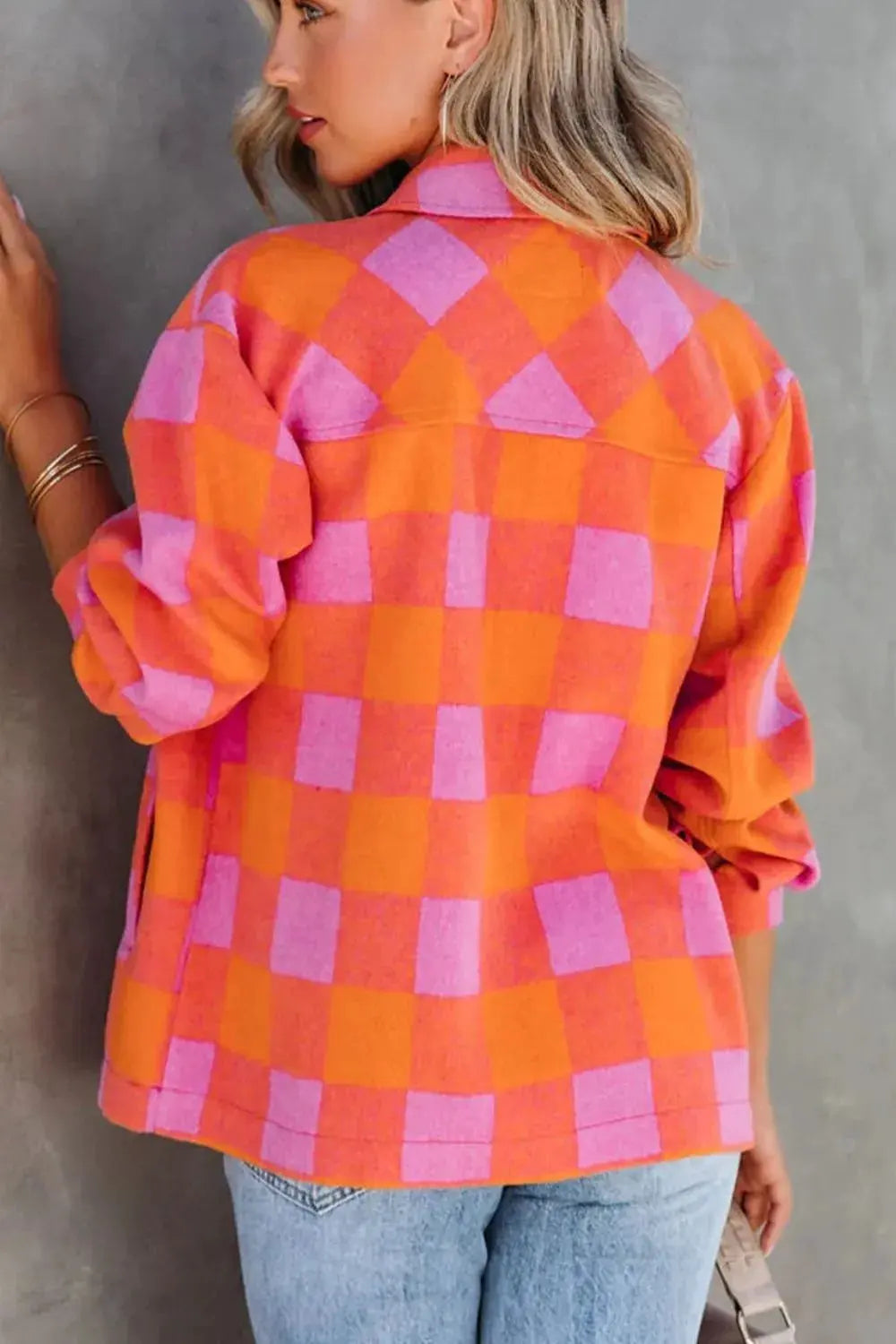 Plaid Collared Neck Button Up Jacket by Partner Label