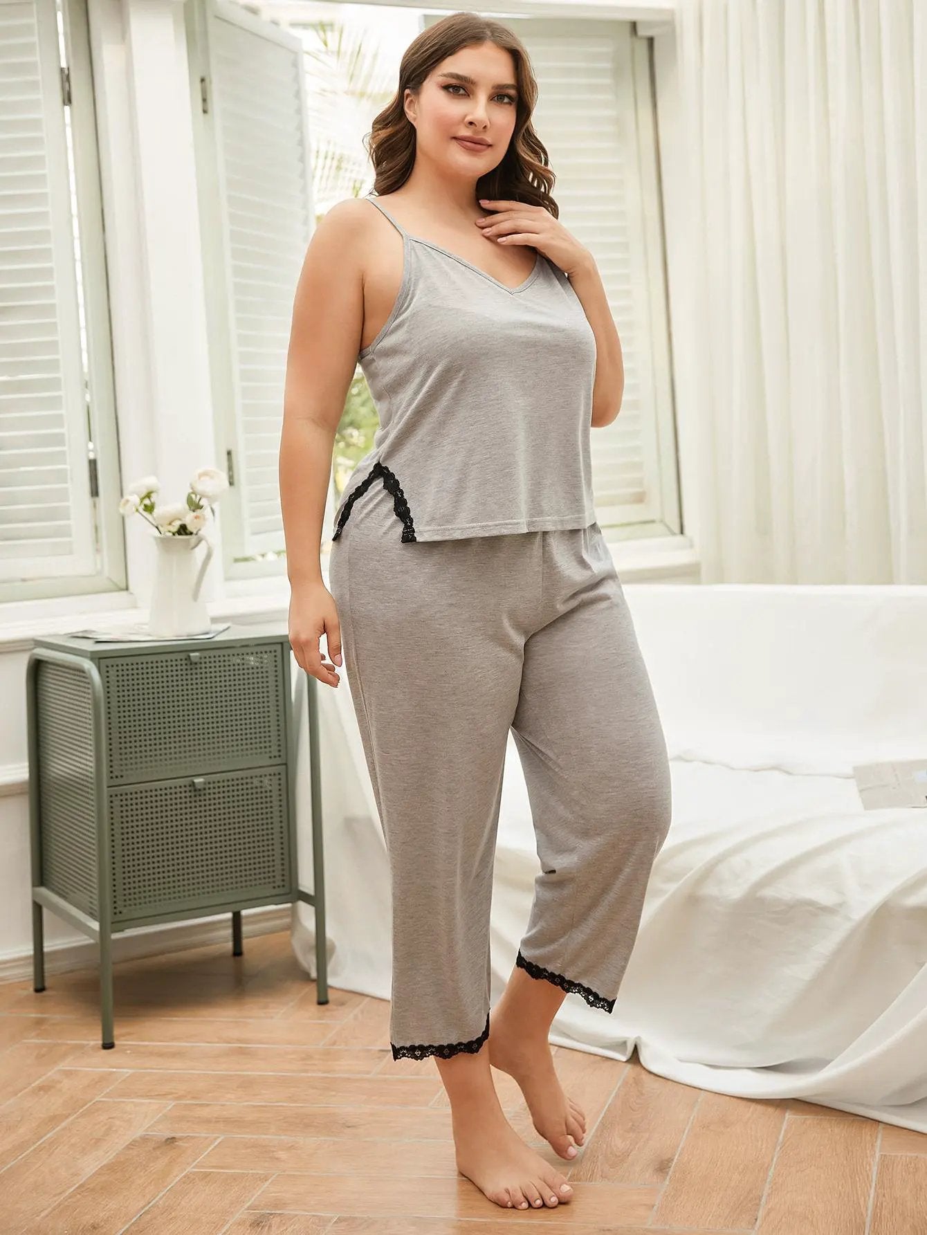 Plus Size Lace Trim Slit Cami and Pants Pajama Set by Partner Label