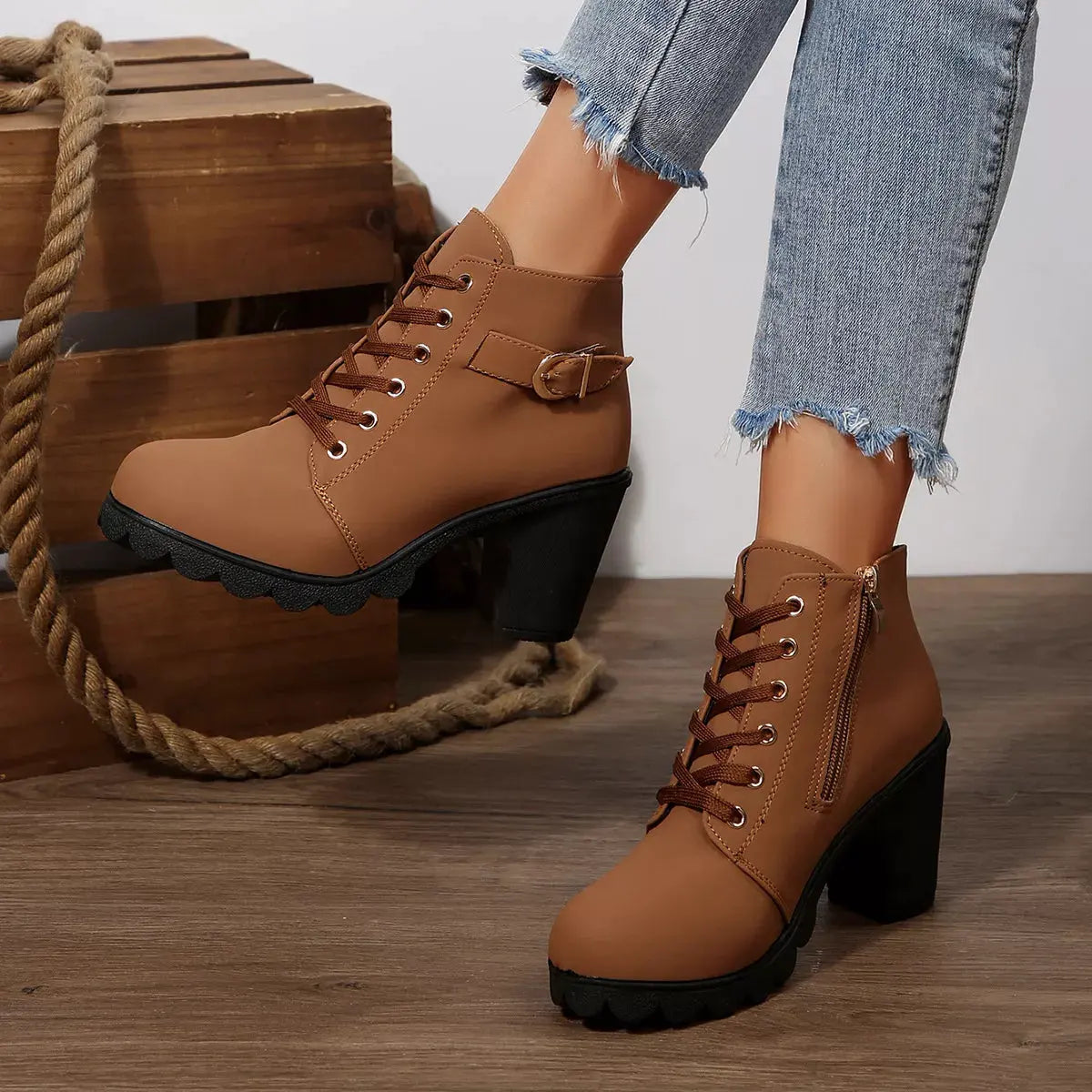 Lace Up Block Heels Boots by Partner Label