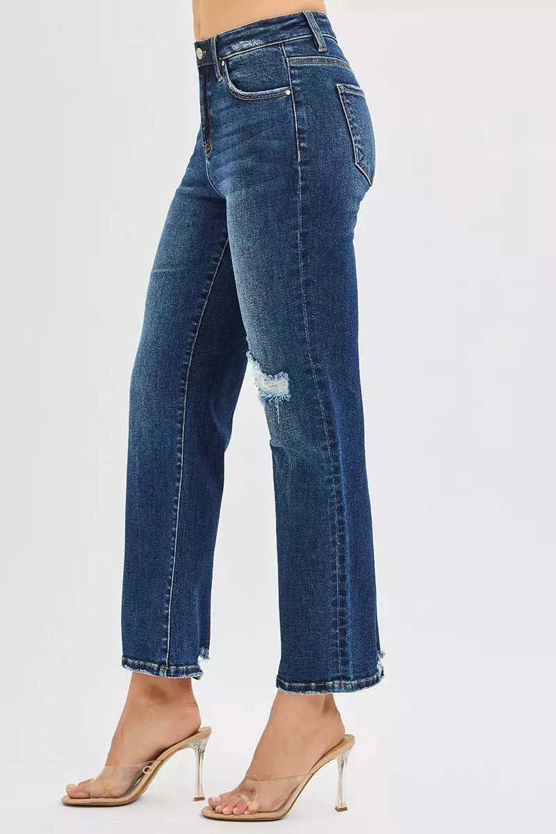 RISEN High Rise Crop Slim Straight Jenas with Hidden Knee Patch by RISEN