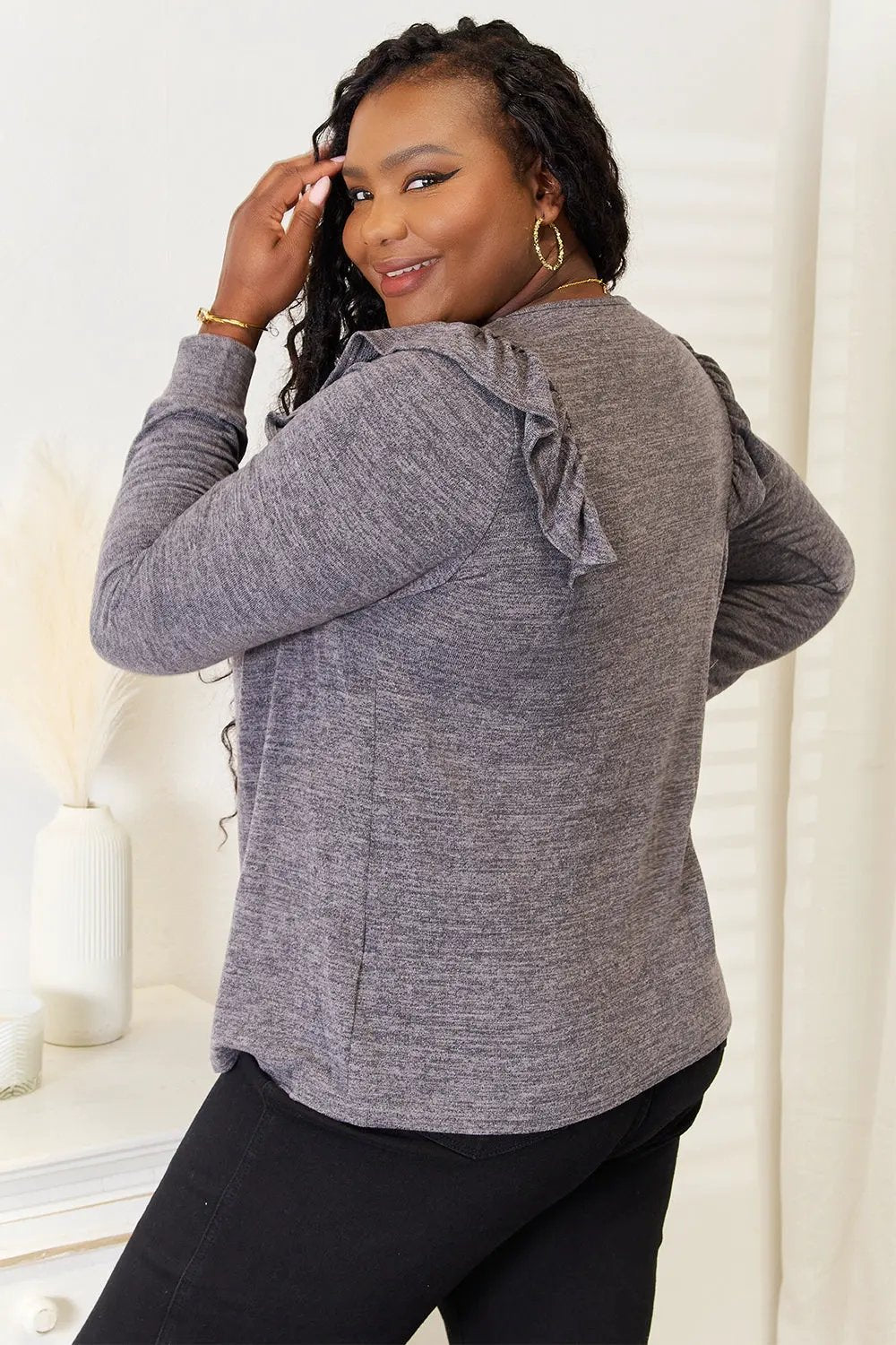 Double Take Square Neck Ruffle Shoulder Long Sleeve T-Shirt by Double Take
