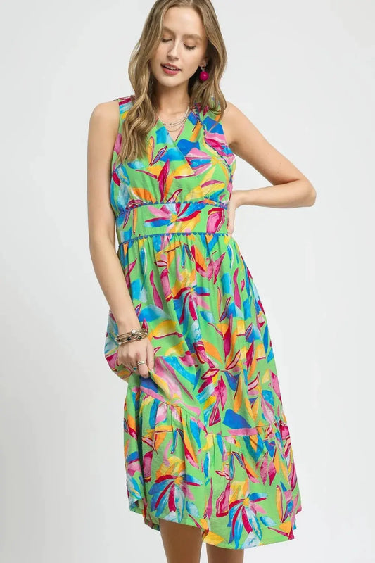 Umgee Ruffled Hem Printed Sleeveless Midi Dress by Umgee USA