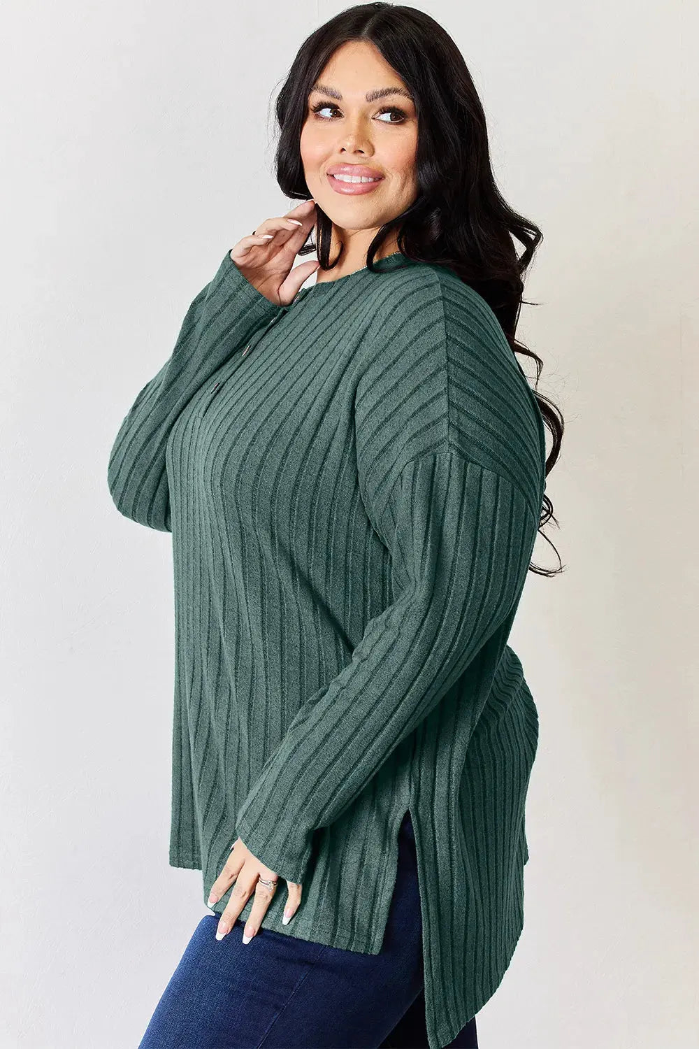 Basic Bae Full Size Ribbed Half Button Long Sleeve High-Low T-Shirt by Basic Bae