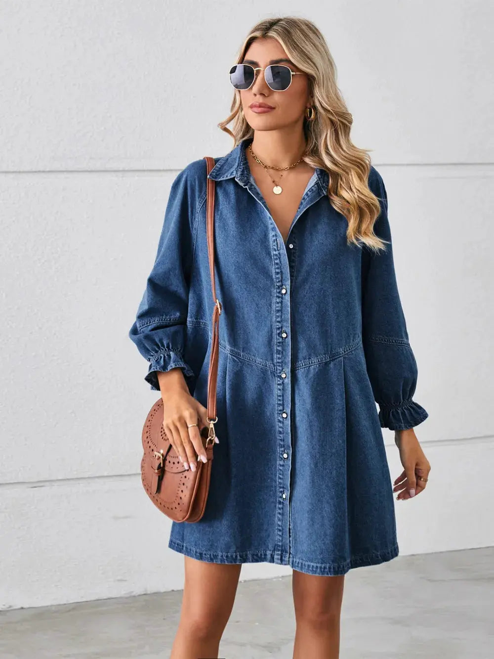 Button Up Flounce Sleeve Mini Denim Dress by Partner Label
