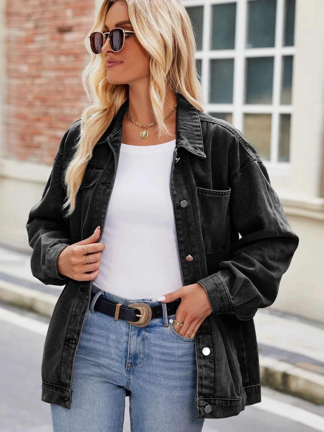 Button Up Denim Jacket with Pockets by Partner Label