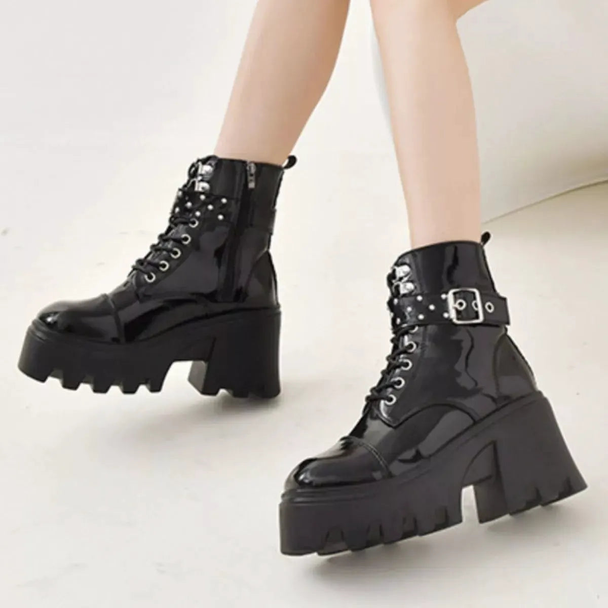 Platform Ankle Boots with Buckle and Studded Detail by Partner Label