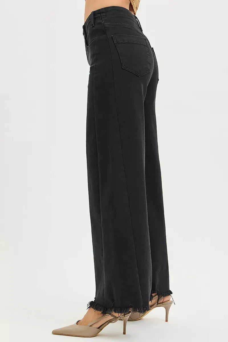 RISEN Tummy Control High Rise Palazzo Leg Frayed Hem Jeans by RISEN