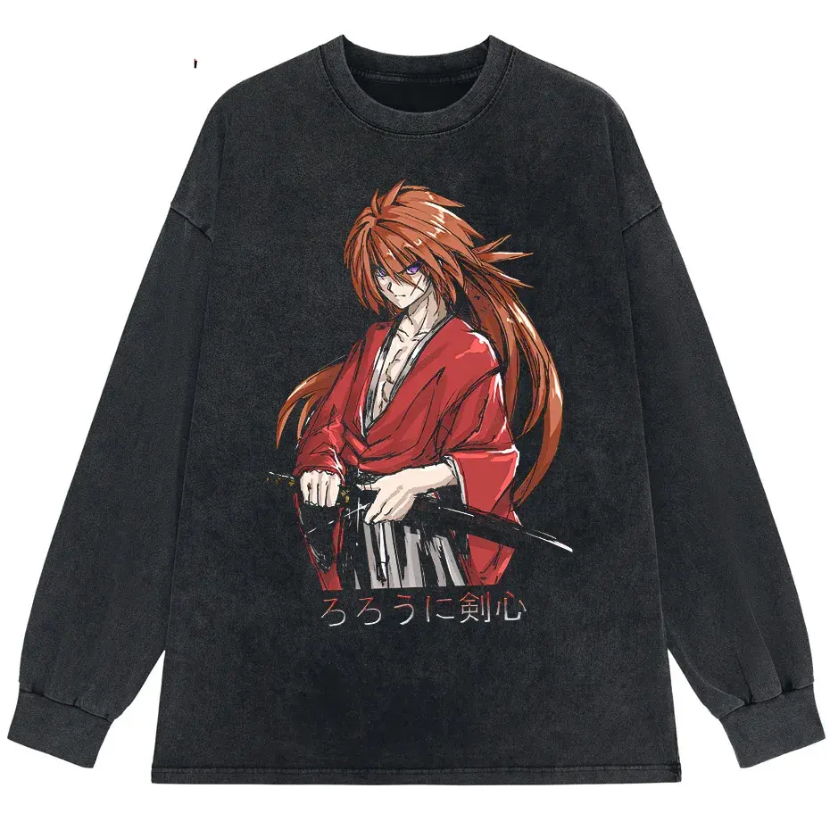 Rurouni Kenshin Washed Anime Graphic T-Shirt Men's Harajuku Streetwear Vintage Cotton Tee by Vimost Shop