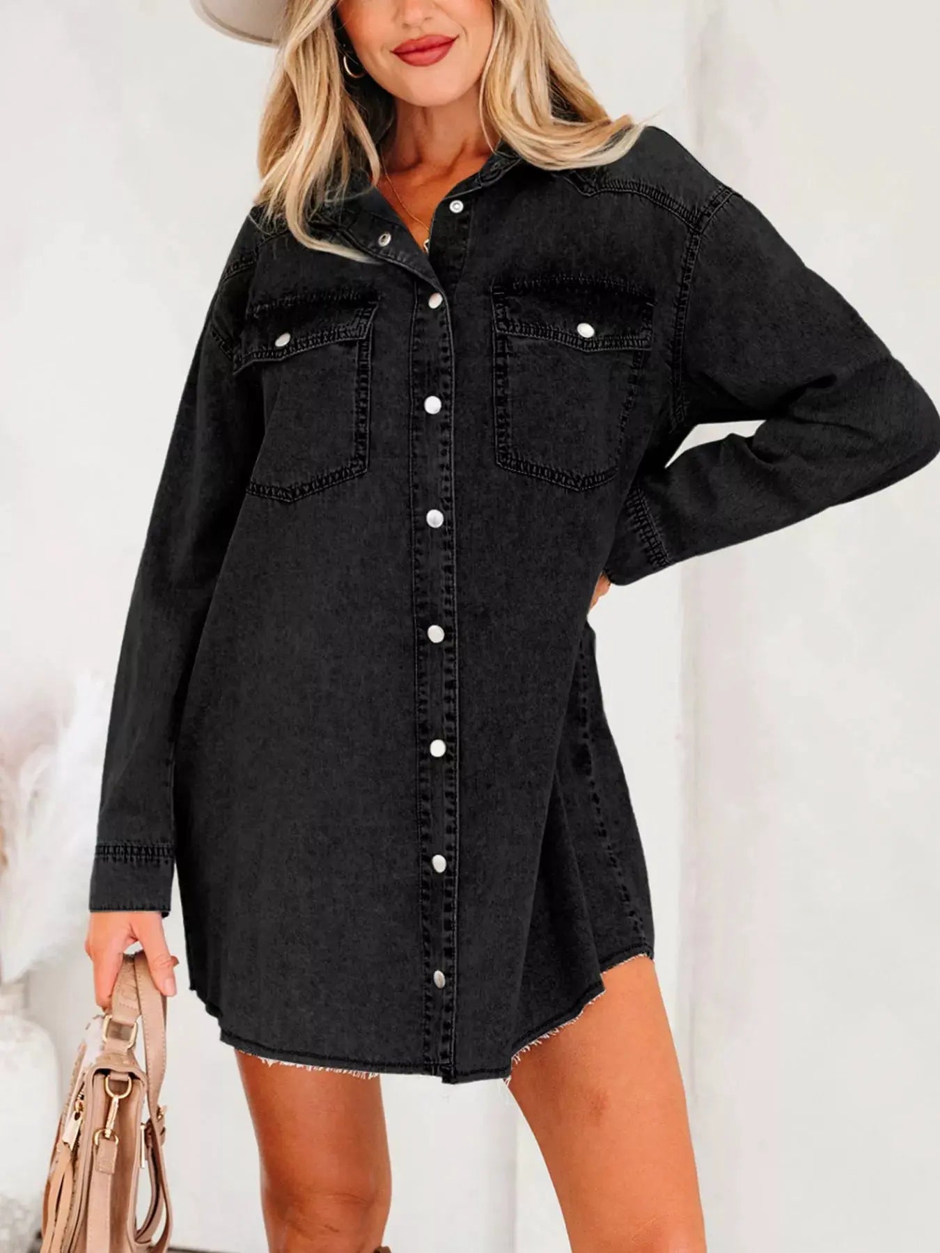Chest Pocket Raw Hem Denim Loose Shirt Dress by Partner Label