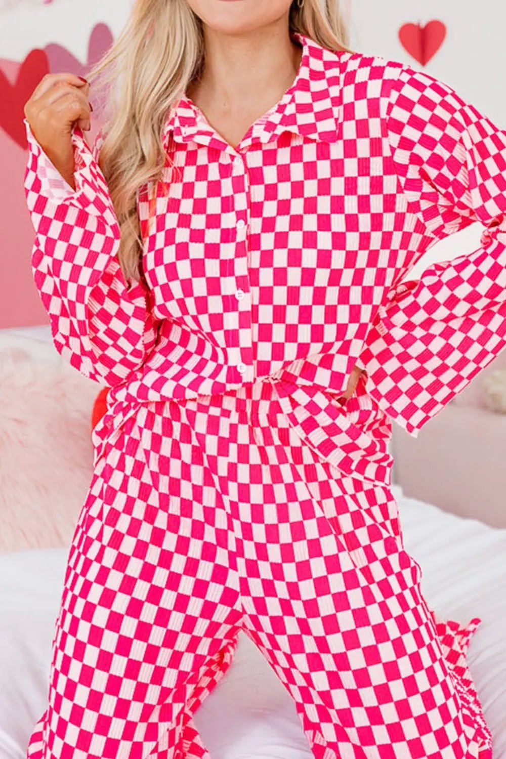 Checkerboard Print Long Sleeve Top and Pants Set by Partner Label