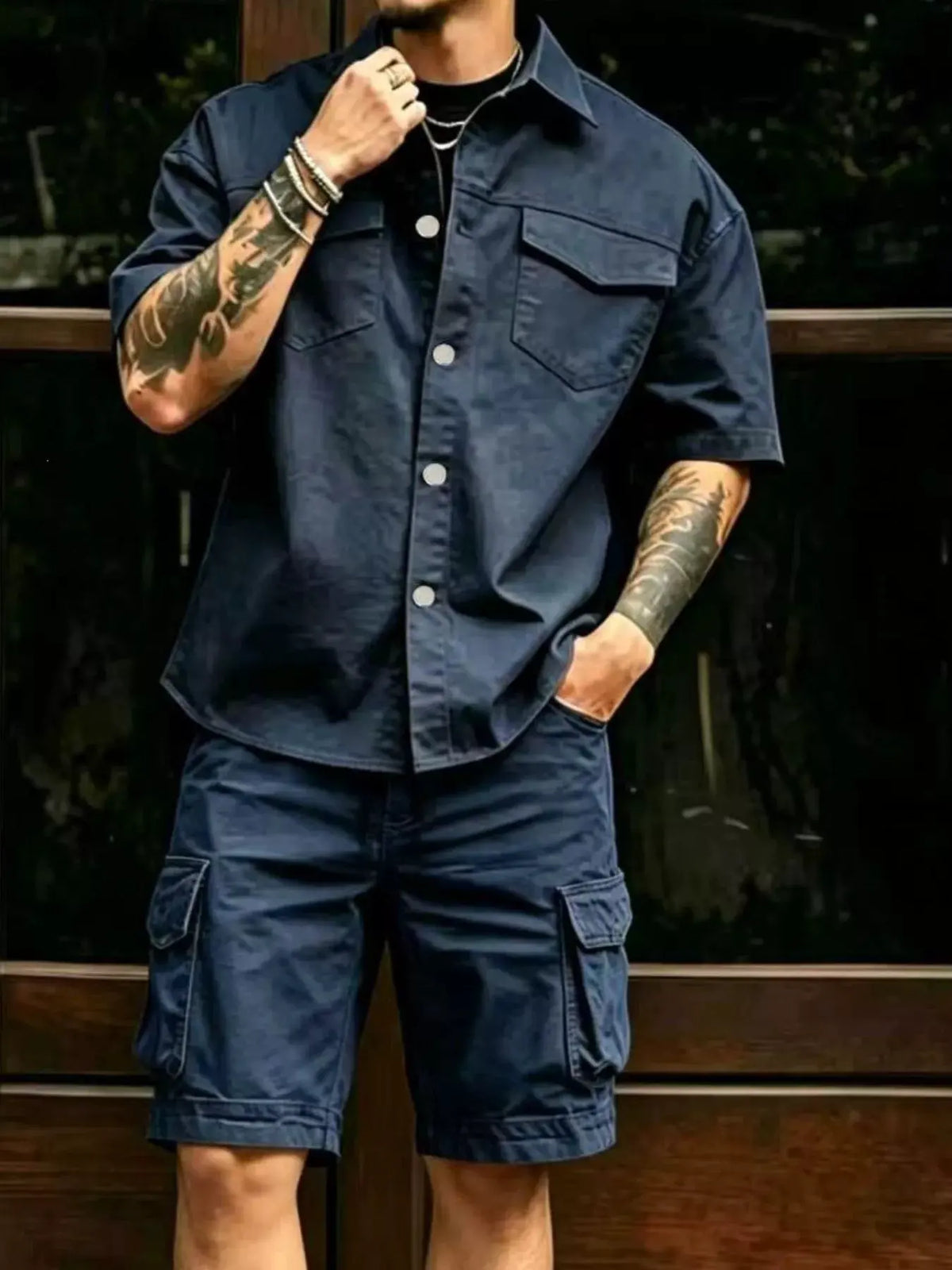 Men's Full Size Cargo Shirt and Shorts Set Plus Size by Trendsi